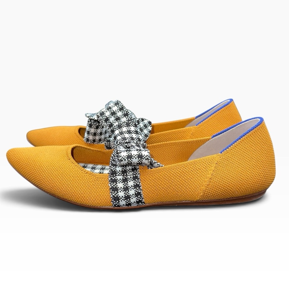 Rothy's The Mary Jane Golden Gingham Yellow Houndstooth Bow Flat Size 7 EU 37.5 - Picture 3 of 6